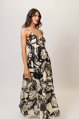 Light Gray Floral Maxi Dress in Black/Ivory Abstract Tropical Maxi Dress