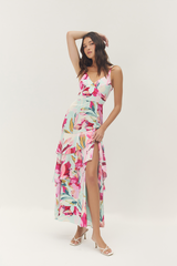 Antique White Robina Dress in Mint/Multi Overlay Tropical Maxi Dress