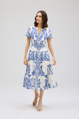 Light Gray Lizzy Dress in Porcelain Print Midi Dress