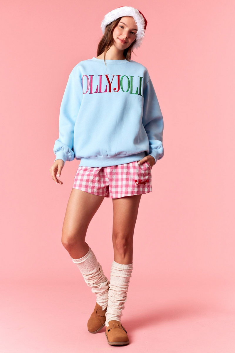 Light Pink Holly Jolly Embroidered Fleece Sweatshirt Sweatshirt