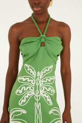 Lavender Green Palm Tree Embroidery Sleeveless Midi Dress Midi Dress