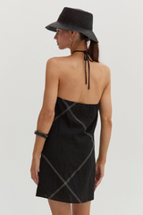 Black Lena Contrast Stitch Halter Linen Mini Dress Mini Dress