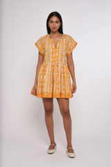 Light Gray Zelda Shirt Sleeve Dress in Bowen Deco Print Mini Dress