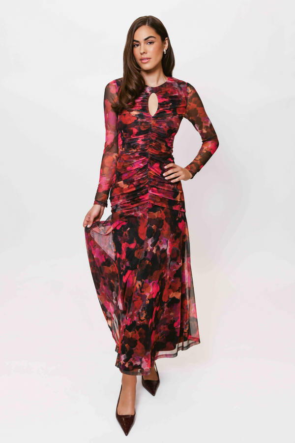 Lavender Ramy Ruched Maxi Dress in Pink Multi Abstract Paint Maxi Dress