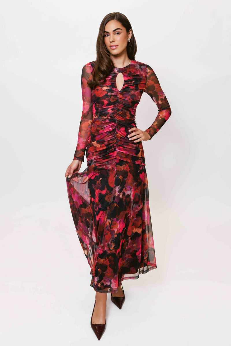 Lavender Ramy Ruched Maxi Dress in Pink Multi Abstract Paint Maxi Dress