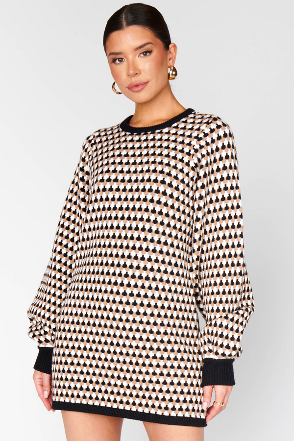 Light Gray Marion Sweater Dress in Black Geo Knit Mini Dress
