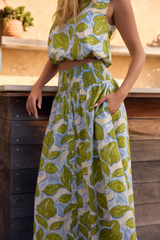 Dark Olive Green Georgia Skirt in Zest Leaves Midi Skirt