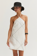 Antique White Lena Contrast Stitch Halter Linen Mini Dress Mini Dress