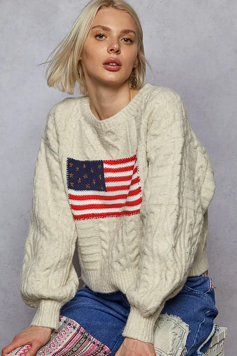 Dark Gray USA Flag Contrast Stitch Sweater Knit Top Sweater