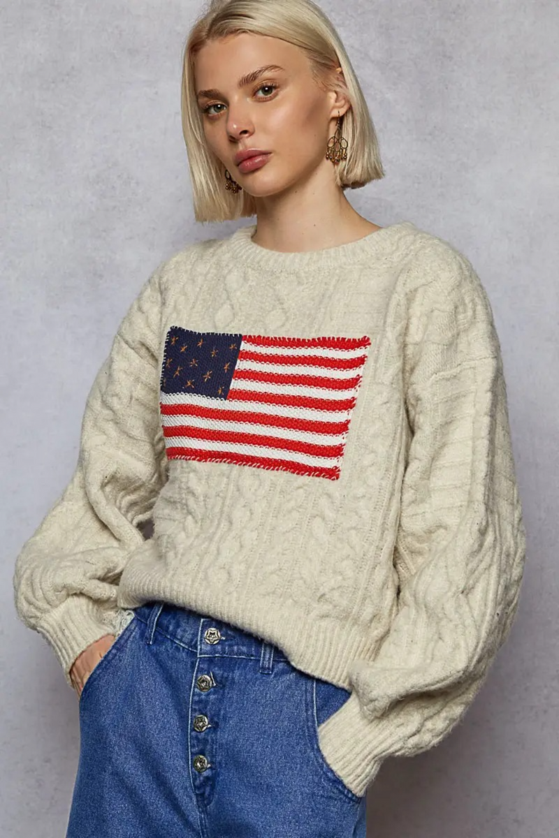 Gray USA Flag Contrast Stitch Sweater Knit Top Sweater