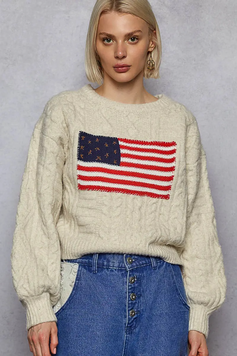 Gray USA Flag Contrast Stitch Sweater Knit Top Sweater