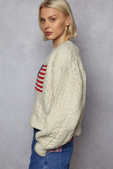 Dark Gray USA Flag Contrast Stitch Sweater Knit Top Sweater