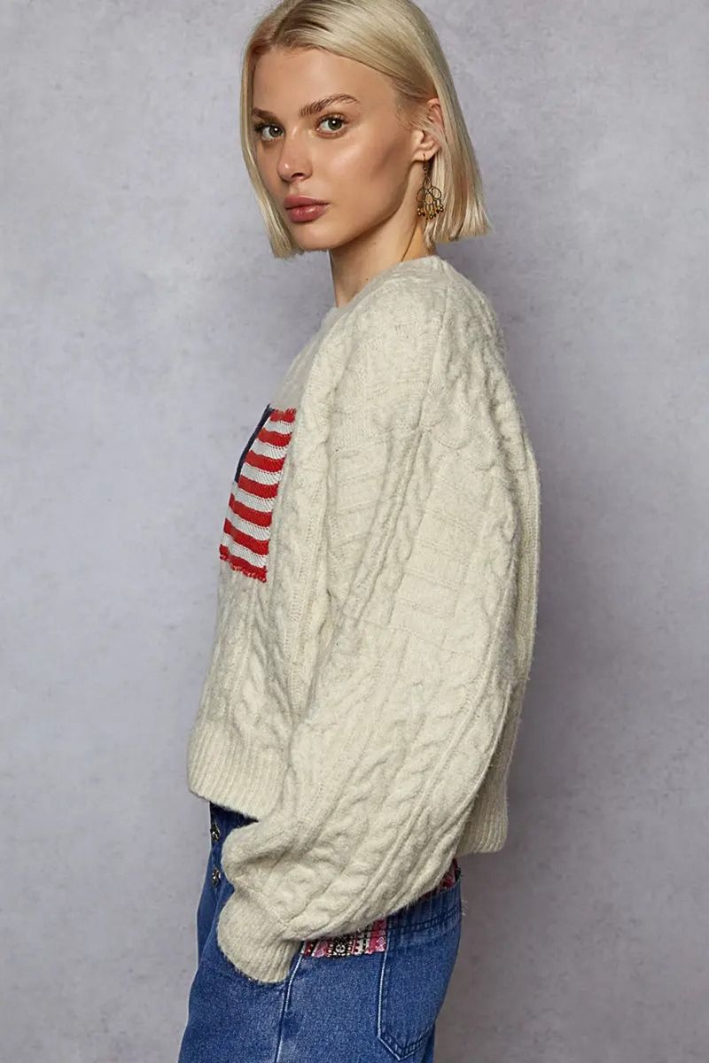 Dark Gray USA Flag Contrast Stitch Sweater Knit Top Sweater