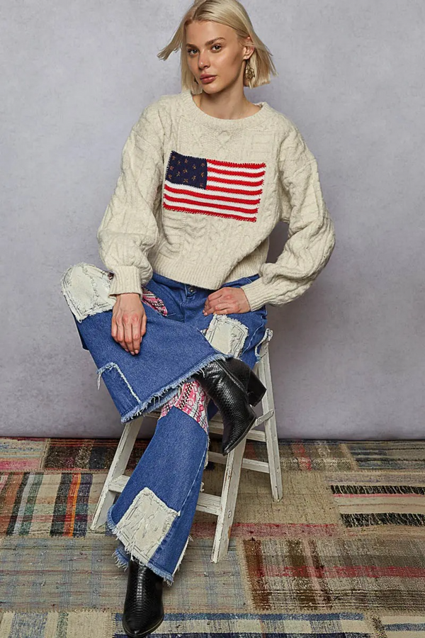 Dark Gray USA Flag Contrast Stitch Sweater Knit Top Sweater