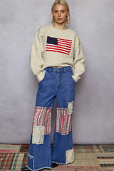 Dark Gray USA Flag Contrast Stitch Sweater Knit Top Sweater