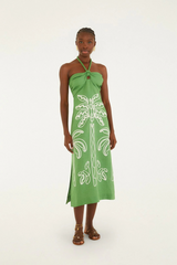 Lavender Green Palm Tree Embroidery Sleeveless Midi Dress Midi Dress