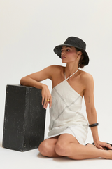 Lavender Lena Contrast Stitch Halter Linen Mini Dress Mini Dress