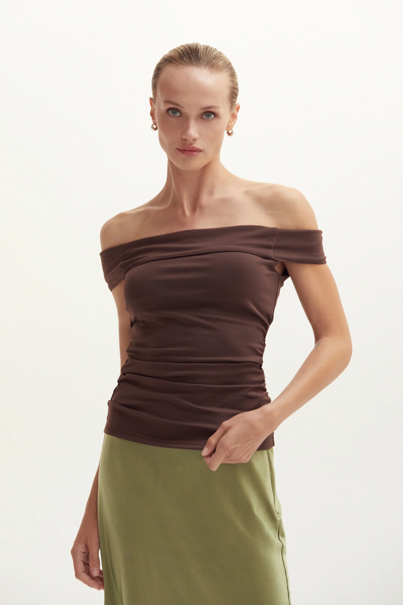 Dark Olive Green Nora Ruched Off Shoulder Knit Top Top