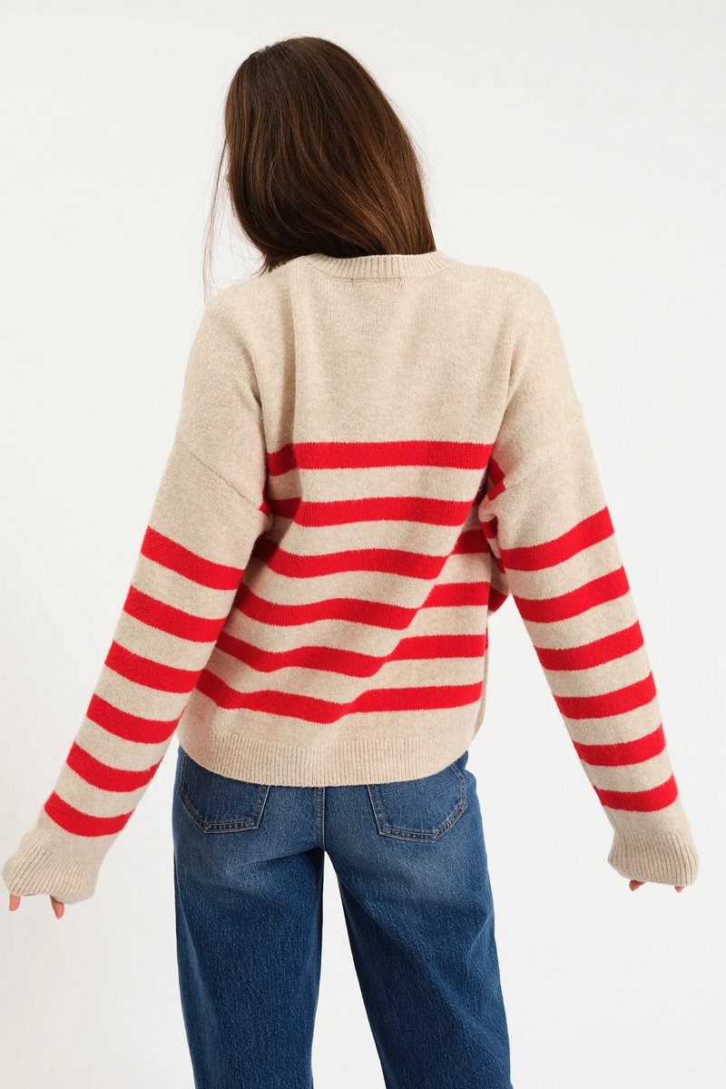 Antique White Carlyle Everyday Crew Neck Sweater in Red Oat Stripe Sweater