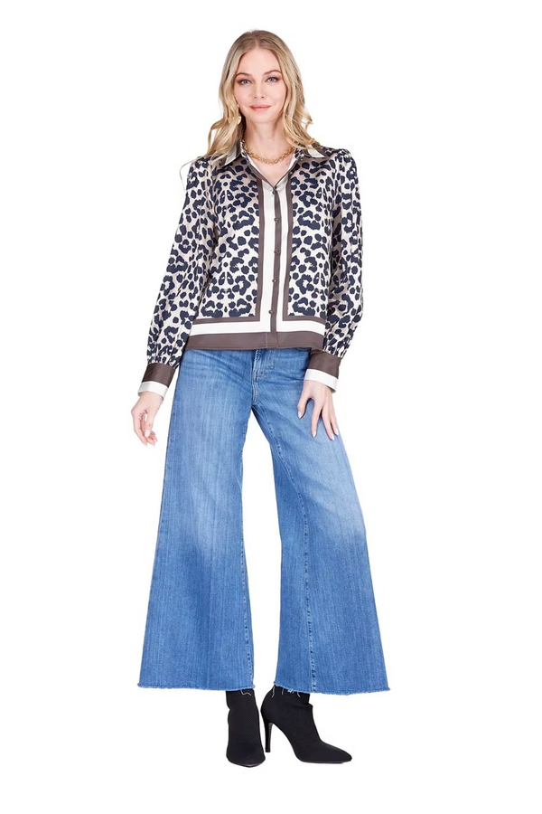 Light Slate Gray Puff Sleeve Blouse in Leopard Border Blouse