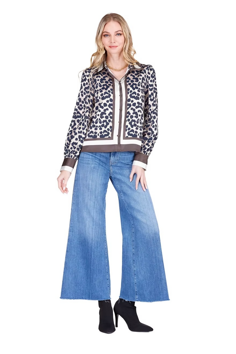 Light Slate Gray Puff Sleeve Blouse in Leopard Border Blouse