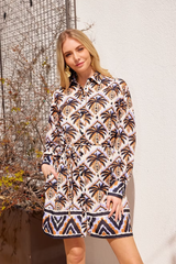 Light Gray Long Sleeve Shirtdress in Diamond Palm Mini Dress