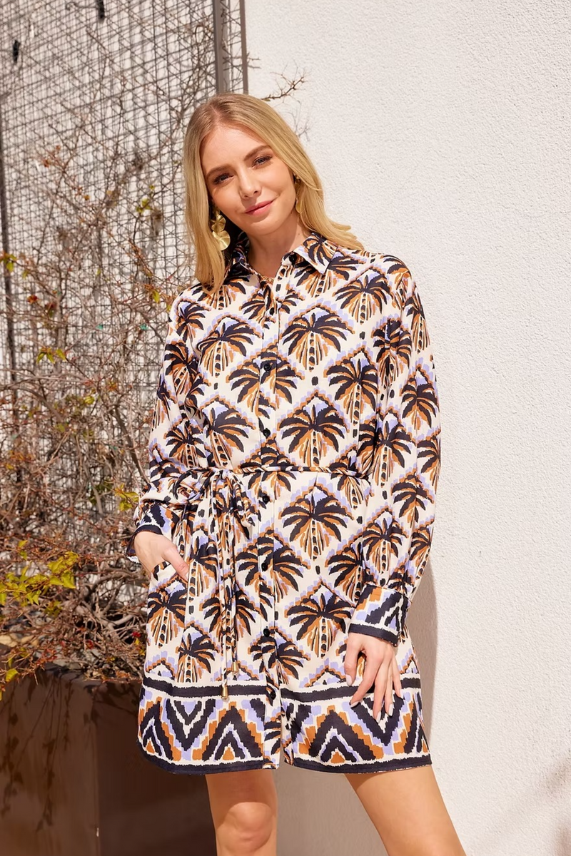 Light Gray Long Sleeve Shirtdress in Diamond Palm Mini Dress