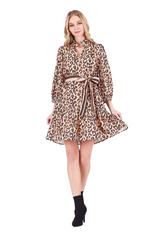 Light Pink Split Neck Flounce Dress in Brown Leopard Mini Dress