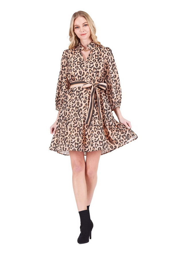 Light Pink Split Neck Flounce Dress in Brown Leopard Mini Dress
