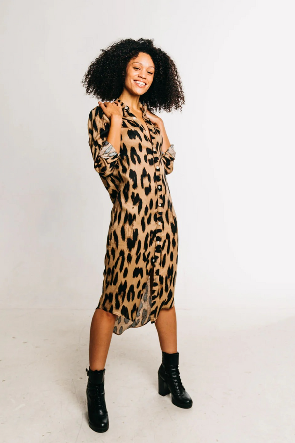 Light Gray Linen Girlfriend Midi Dress in Cheetah Midi Dress