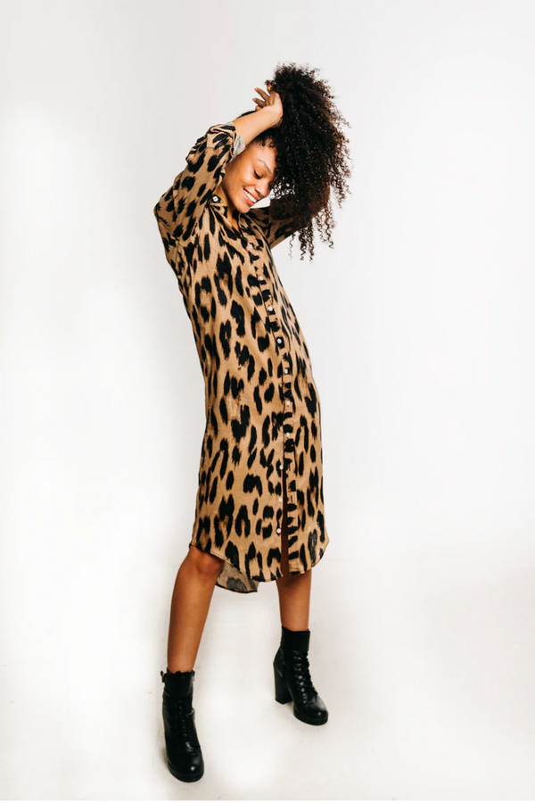 White Smoke Linen Girlfriend Midi Dress in Cheetah Midi Dress
