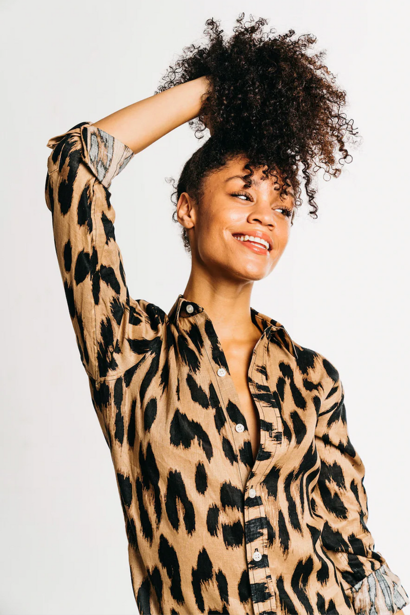 Black Linen Girlfriend Midi Dress in Cheetah Midi Dress