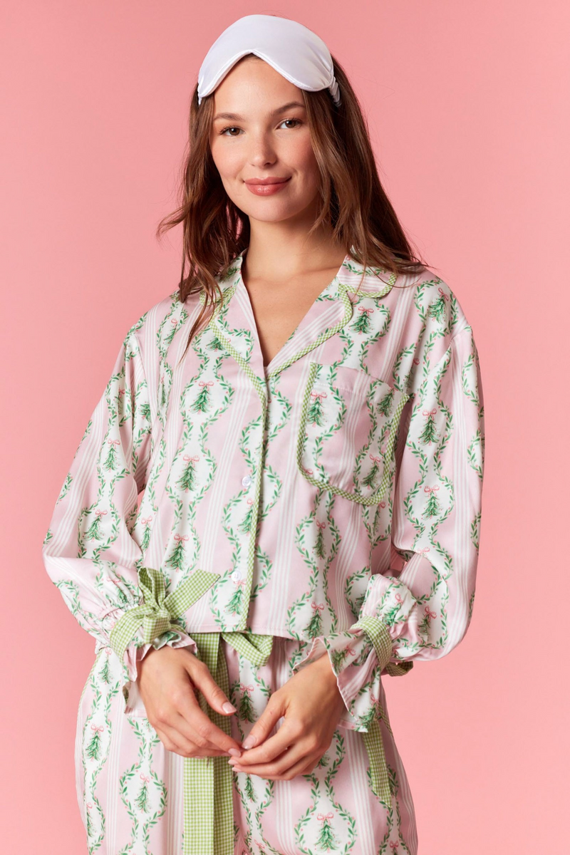 Light Pink Christmas Satin Gingham Pj Set Pajamas