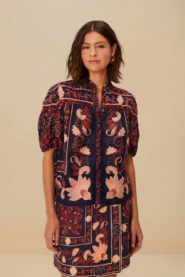 Tan Boho Floral Scarf Navy Blue Blouse Top