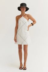 Lavender Lena Contrast Stitch Halter Linen Mini Dress Mini Dress