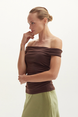 Dark Olive Green Nora Ruched Off Shoulder Knit Top Top