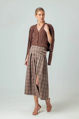 Light Gray Casini Skirt in Mocha Plaid Midi Skirt