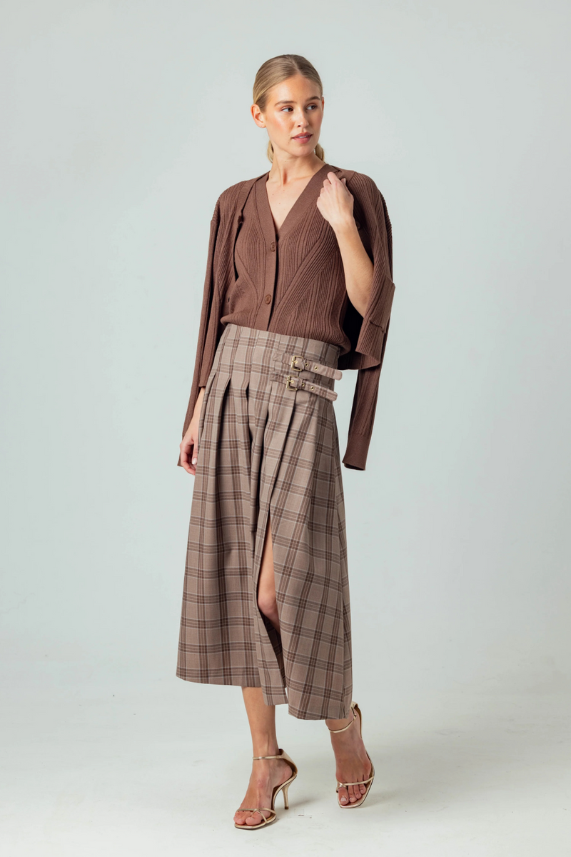 Light Gray Casini Skirt in Mocha Plaid Midi Skirt