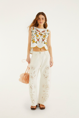 Lavender Off-White Lemon Bouquet Wavy Hem Sleeveless Blouse Top