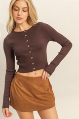 Dark Olive Green Scout Button Front Ribbed Top Top