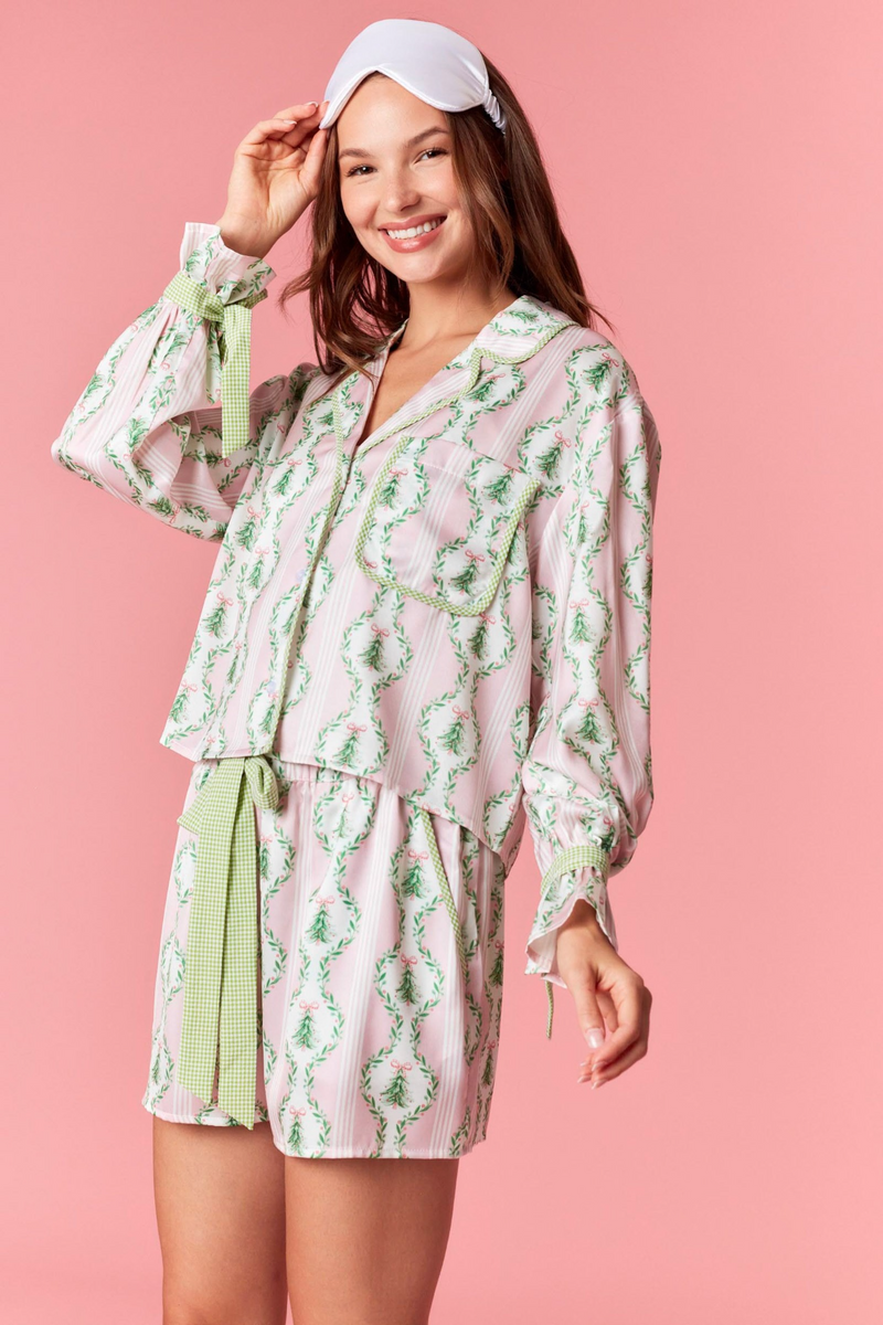 Light Pink Christmas Satin Gingham Pj Set Pajamas