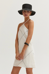 Antique White Lena Contrast Stitch Halter Linen Mini Dress Mini Dress