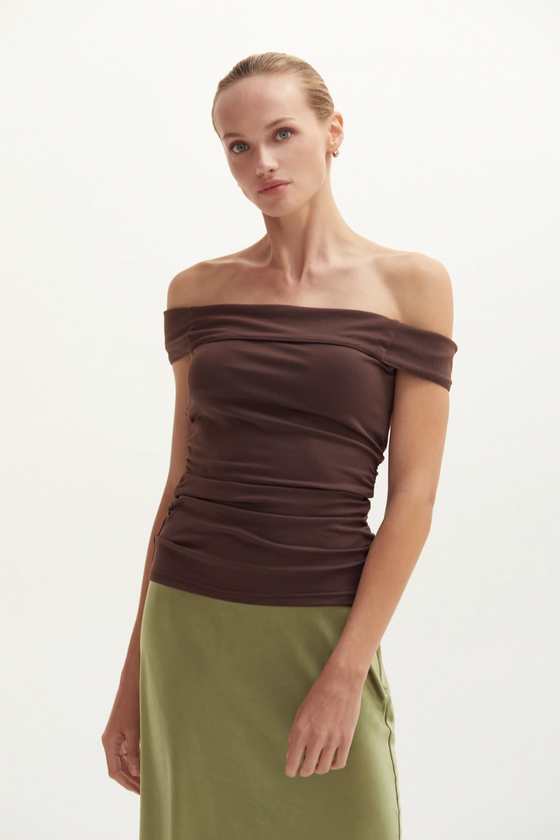 Beige Nora Ruched Off Shoulder Knit Top Top