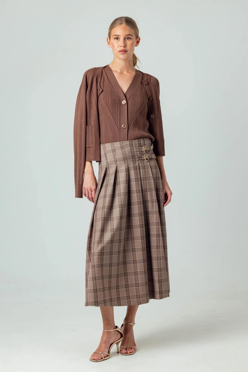Light Gray Casini Skirt in Mocha Plaid Midi Skirt