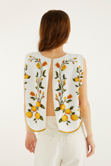 Lavender Off-White Lemon Bouquet Wavy Hem Sleeveless Blouse Top