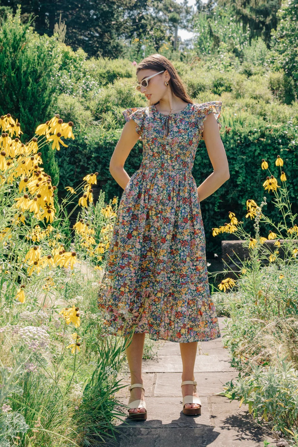 Slate Gray Eden Dress in Cottage Garden Liberty Print Midi Dress