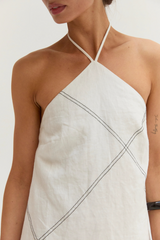 Light Gray Lena Contrast Stitch Halter Linen Mini Dress Mini Dress
