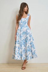 Light Gray The Muse Dress in Blue and White Floral Midi Dress