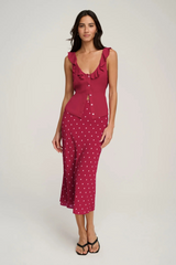Light Gray The Jojo Skirt in Raspberry Ivory Dot Midi Dress