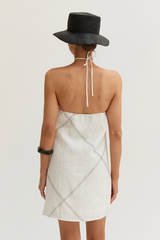 Antique White Lena Contrast Stitch Halter Linen Mini Dress Mini Dress